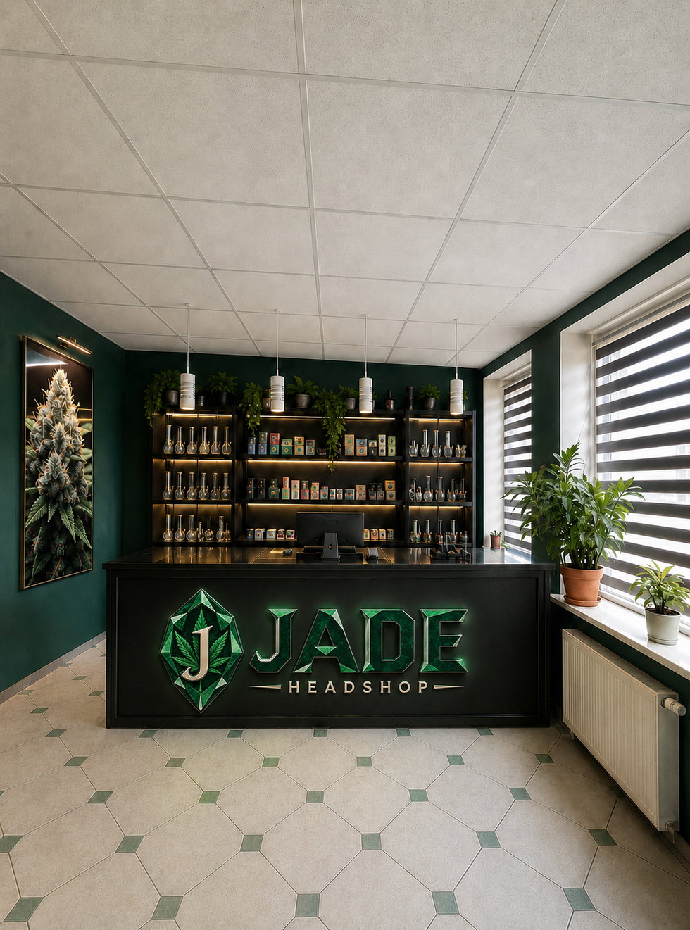 Visualisierung der Theke mit Kasse, beleuchteten Regalen und Jade-Branding