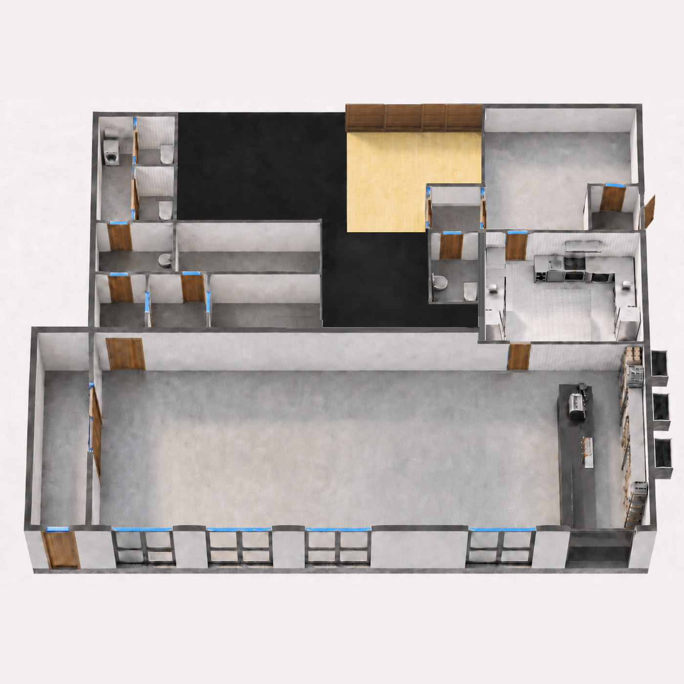 Grundriss des Ladens mit Hauptraum, Theke, Küche und Nebenräumen